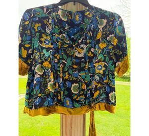 Artsy Folk Whimsical Boho Anthropologie Floral Print Velvet Hem Top Size Large